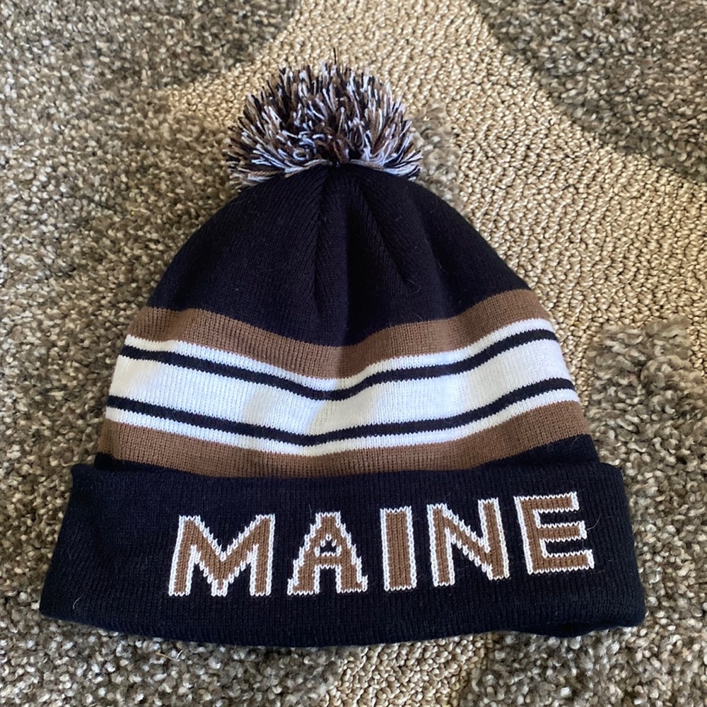 Dimco Apparel Maine Black Brown White Striped Pom Pom Beanie Hat OS
